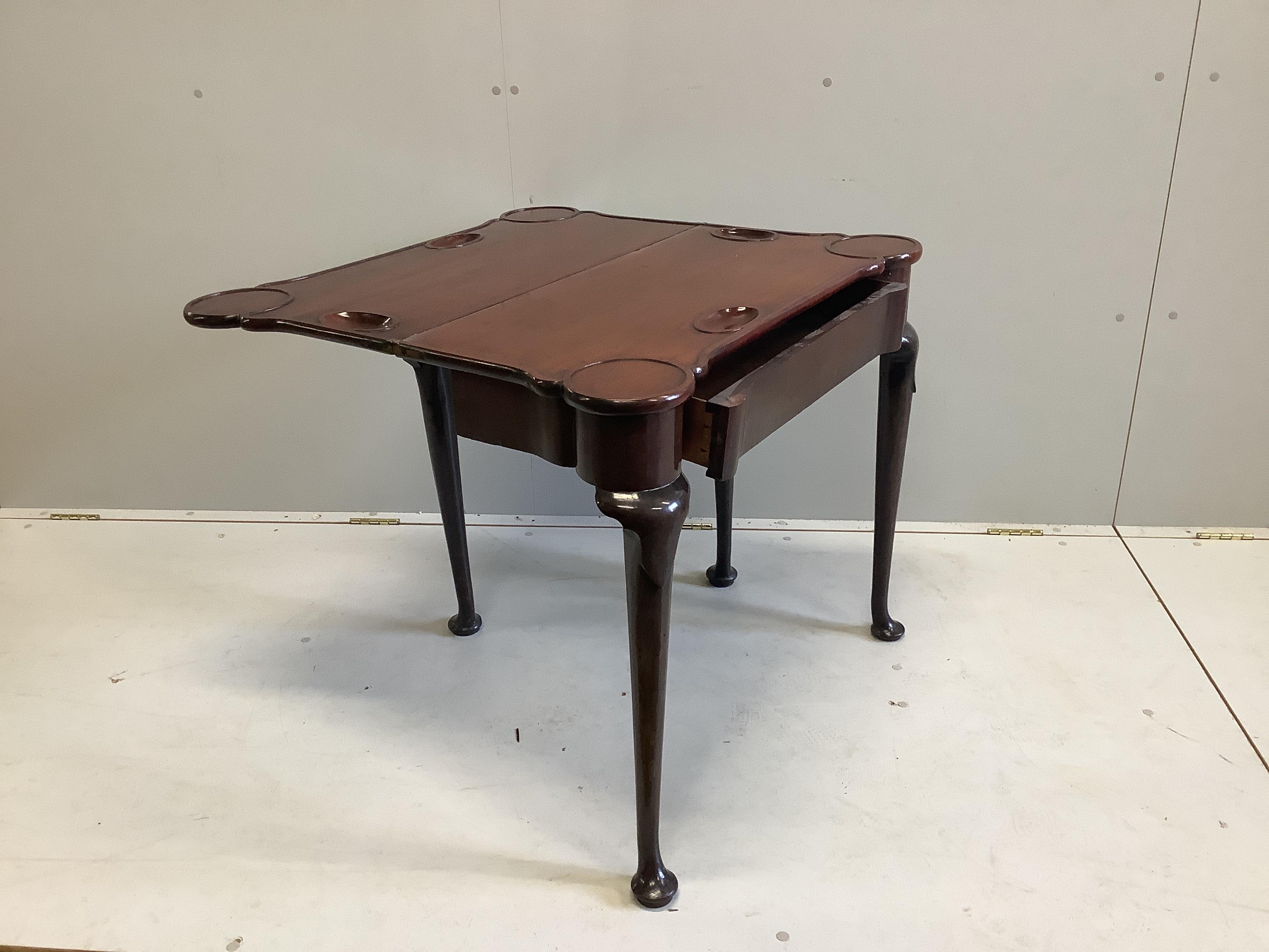 A George II mahogany folding card table, ex Arthur Bryant, width 83cm, depth 40cm, height 72cm
